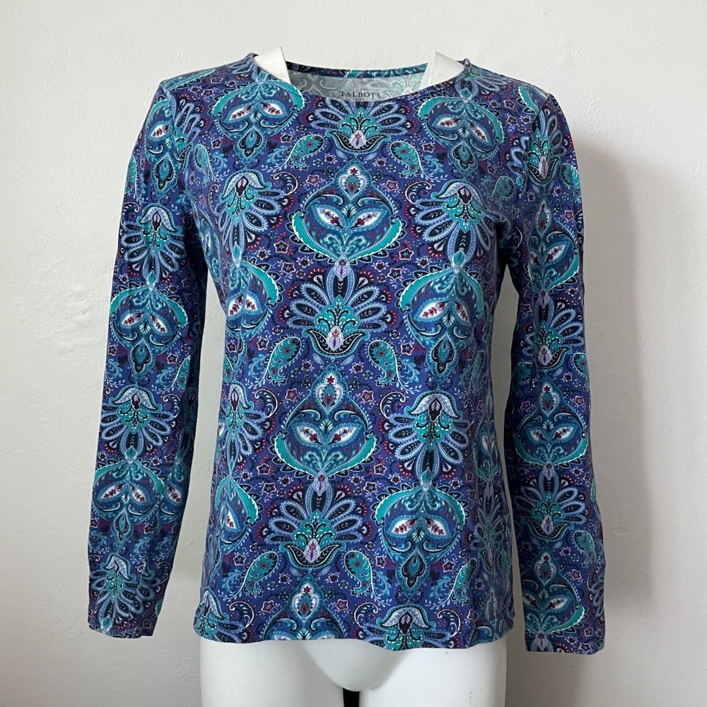 Talbots Womens Small Blue Paisley Long Sleeve Cotton Spandex Crew Neck Tee Top